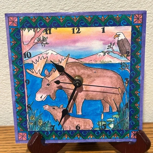 Colorful Moose and Eagle Wall Clock
