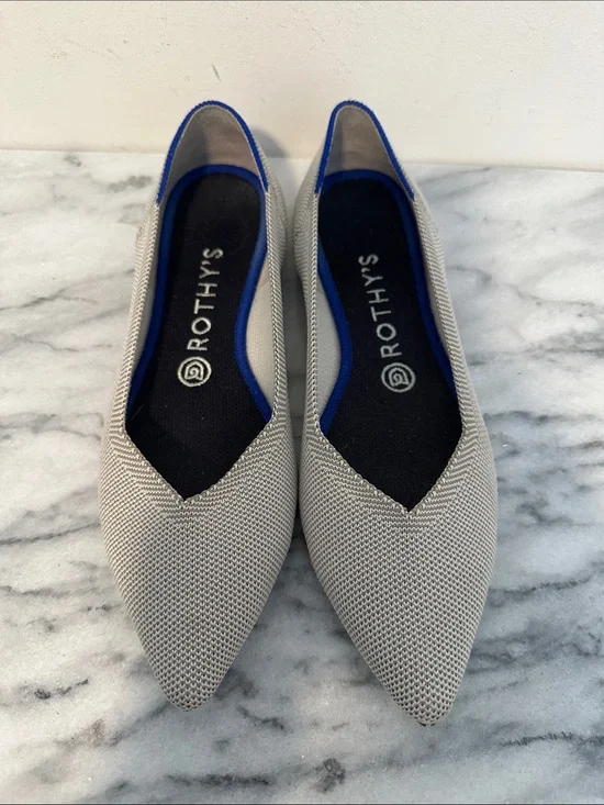 Rothy's Pointed Knit Flats in Light Gray with Blue Trim women’s sz 8.5