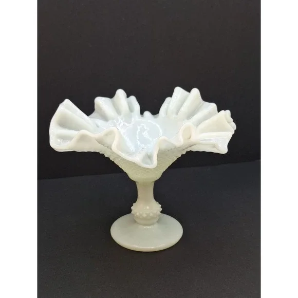 Vintage‎ Portugal Ivima Glass Milk Glass Diamond Point Footed Compote