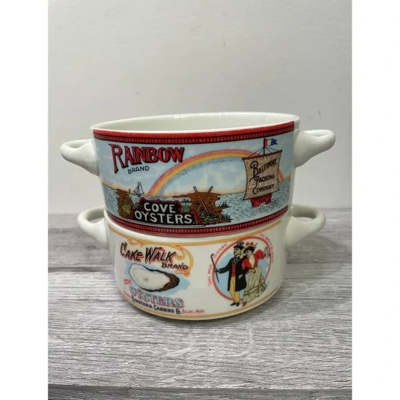 Vintage 1992 Fabled Labels Oyster Soup Bowls Set of 2 Rainbow Cake Walk Brand