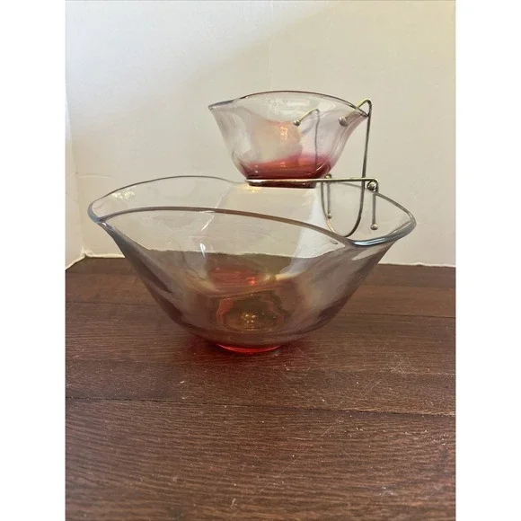 VTG Anchor Hocking Pink Ombre Scalloped Chip/Dip Bowl Set,Hanger Fridgescaping