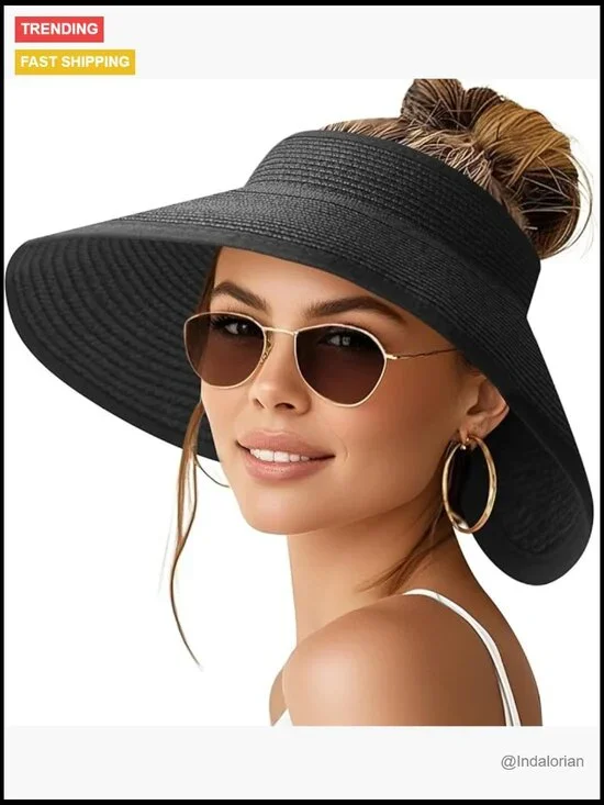 Wide Brim Straw Sun Visor Hat for Women UPF 50+ Packable Foldable Beach Hat