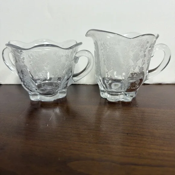 Duncan & Miller Canterbury‎ Line Etched Glass Cream and Sugar Bowl Floral Design