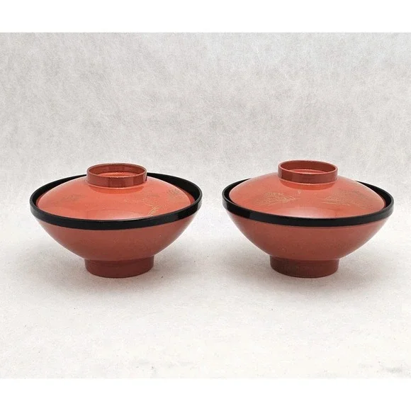 Vintage Japanese Red Lacquered Resin Ware Lidded Rice/Soup Bowls Lot of Two