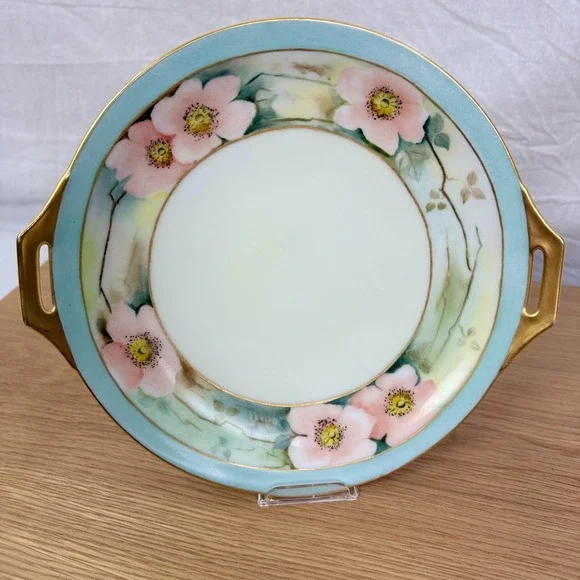 Vintage Thomas Bavaria 1920s Hand Painted‎ Pink Flowers Plate handles