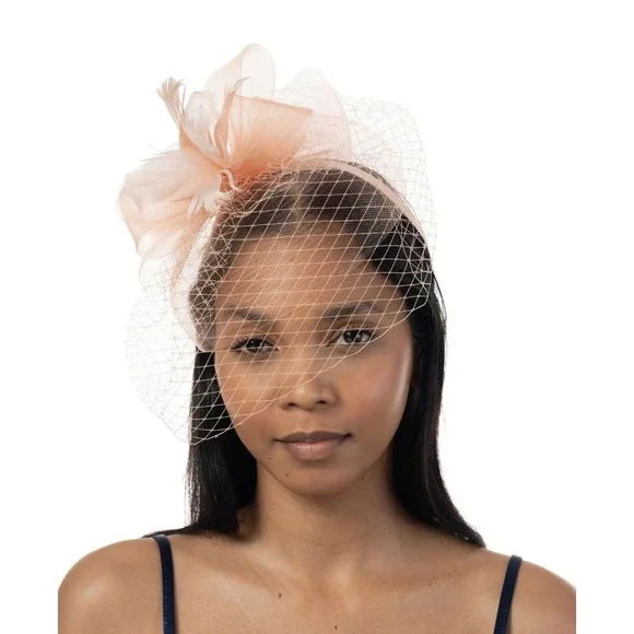 Bellissima Millinery Women's Coral Fascinator Net Veil Feather Hat‎ Headband O/S