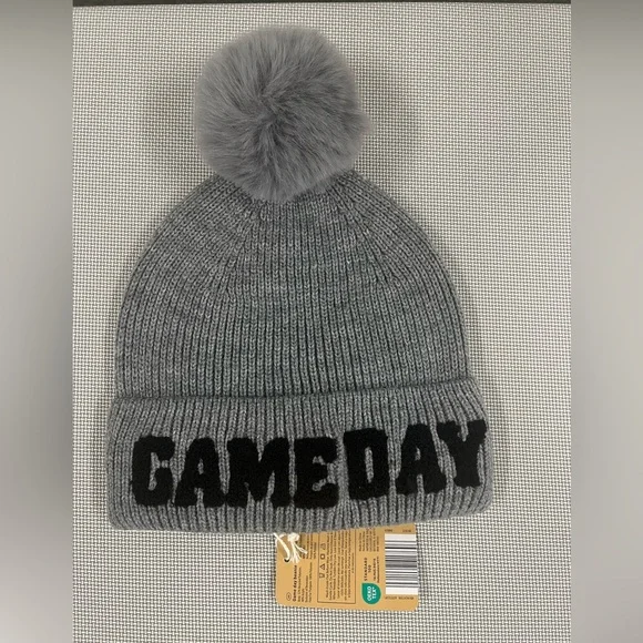 Unisex Game Day knit hat / beanie. Grey w/black embroidery. Faux fur pompon. NWT