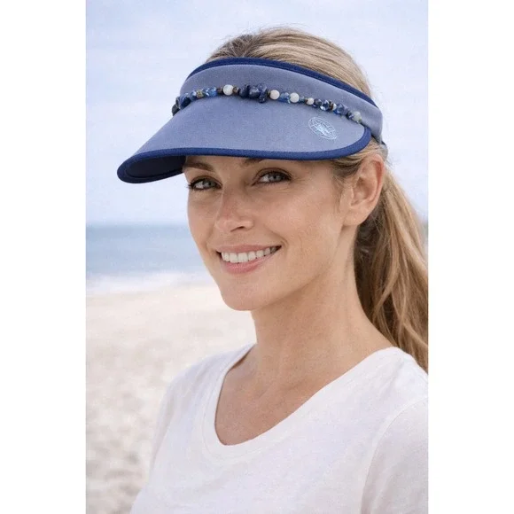 Wooggee Blue Beaded Sun Visor Hat Women Denim Look Beach Golf Tennis‎ Accessory
