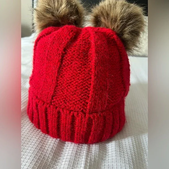 Chic Red Knit Hat with Faux Fur Pom Poms