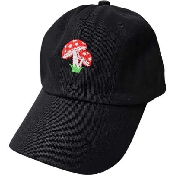Embroidered Mushroom Black Baseball Cap Hat One Size