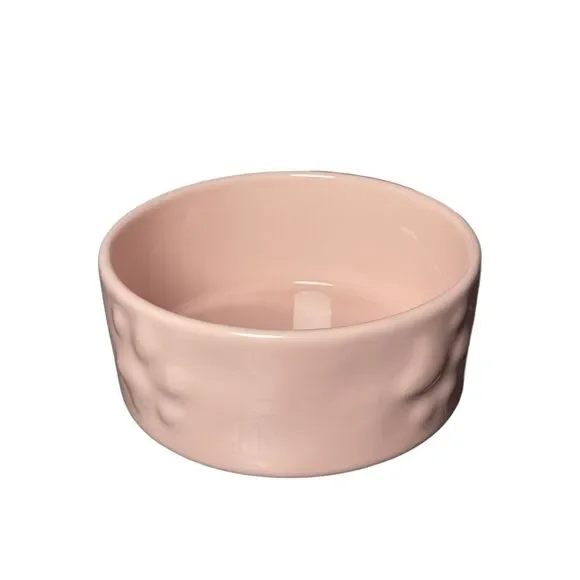 Blush Pink Glazed Ceramic Dog Bowl with Embossed Paw Print Designs