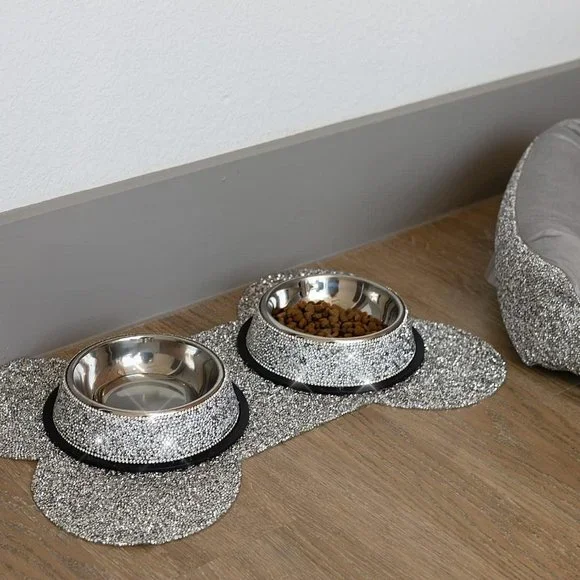 NEW Sparkling Bling Swarovski Crystal Rhinestone Stainless Pet Bowl & Pl…