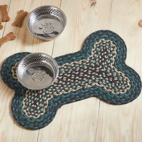 Farmhouse Green Black Cream Jute Braided Bone Shaped Dog Feeder Mat Pet
