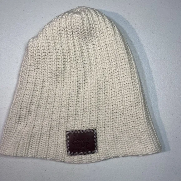 Slouchy Beanie Hat Womens White Logo Chunky Knit Winter LOVE YOUR MELON‎ USA EUC