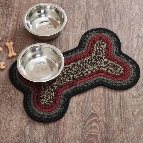 Farmhouse Black, Red, Tan, Grey Bone Shaped Jute Braided Dog Feeder Mat Pet