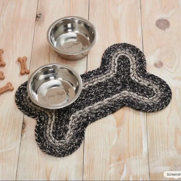 Jute Braided Dog Feeding Mat Black Tan