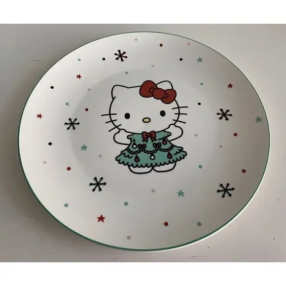 Sanrio Hello Kitty Ceramic Dinner Plate 10.5” Christmas Tree Dress Snowflake NEW
