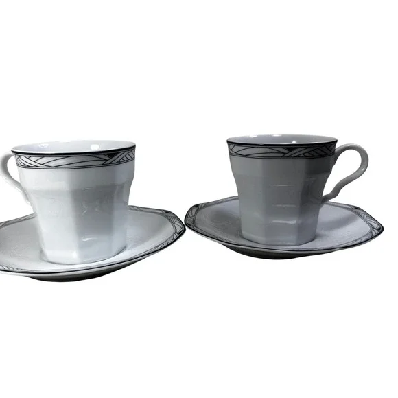Studio Nova Synthesis Y0031 Octagonal Tea Cup Saucer Set Black Grey White 2pc