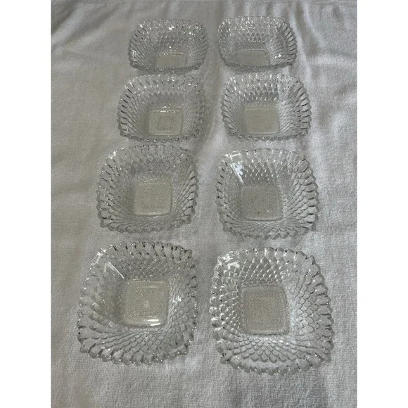 Vtg MCM Hobnail Pressed‎ Glass Clear Dessert Nut Dishes Bowls Set Of 8 Classic