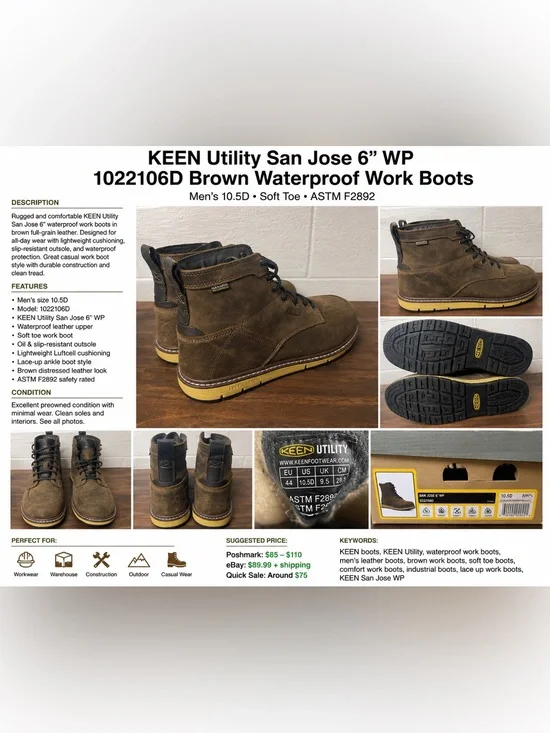 KEEN Utility San Jose 6” Waterproof Work Boots Men 10.5D Brown Soft Toe Leather