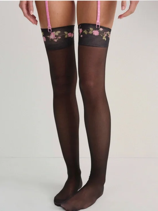 For Love And Lemons Black Rose Vine Thigh-High Floral Print Tight Socks NEW M/L