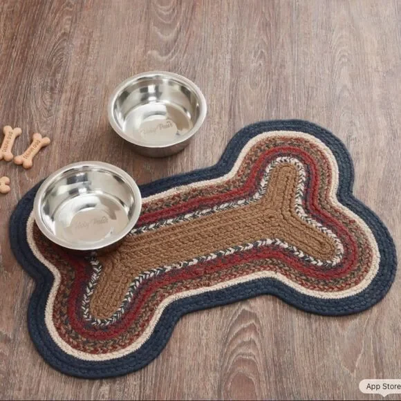Dog Bone Shape Jute Braided Rug Pet Feeder Rustic Country Multi Colored