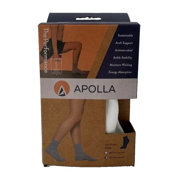 APOLLA L The PERFORMANCE Crew Socks Non-Traction Compression Stability White NEW