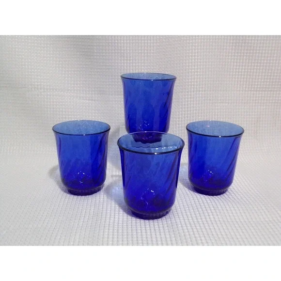 Arcoroc France Cobalt Blue with Swirl Design Juice Glasses 4 Ounces Set of 4