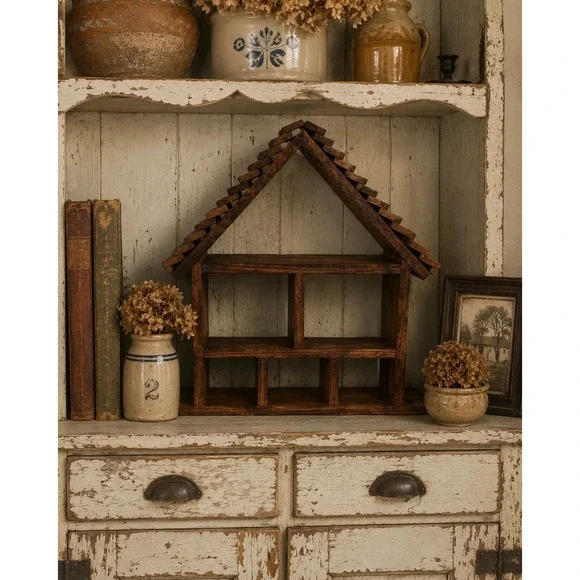 Vintage Wooden House Shadow Box Shelf Rustic Shingle Roof Curio Display 14in