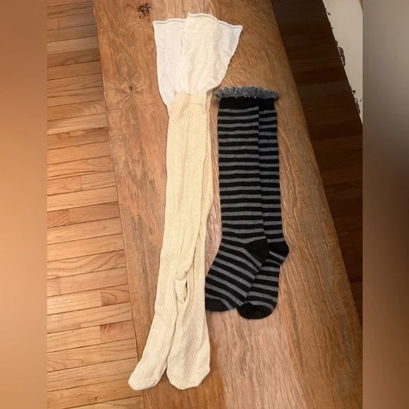 Black and Gray Striped Lace top & Cream Thigh high knit socks 2 pair academia