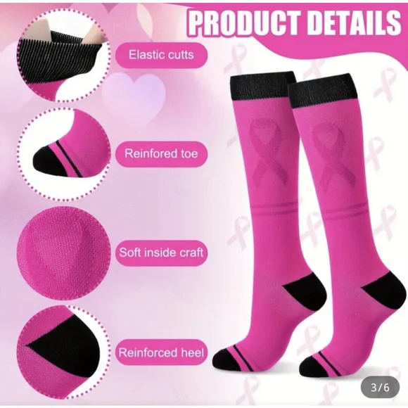 2 Pink Ribbon Knee-high Socks Barbie Pink Compression Socks For Sports