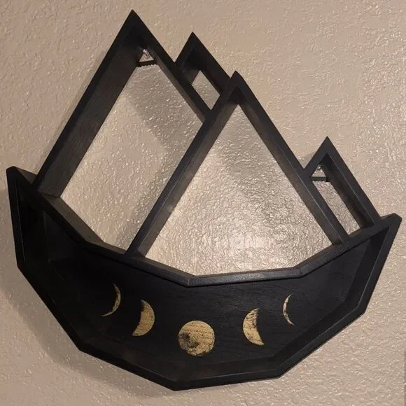 Crystal holder wall shelf hanging moon mountains lunar cycle black gold