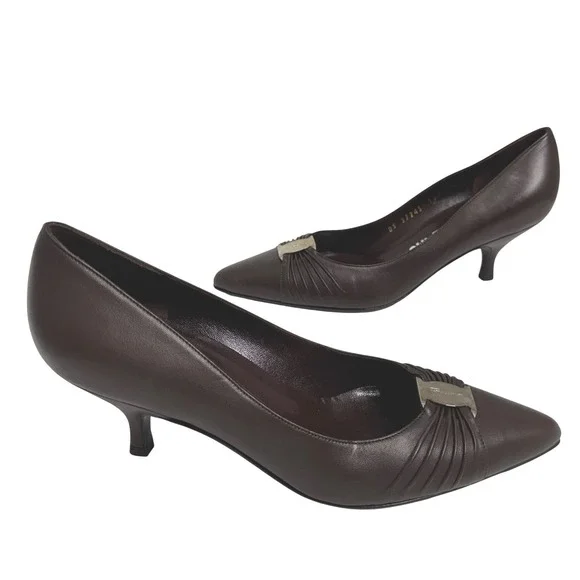 Salvatore Ferragamo Women Dark Brown Leather Pointed Toe Kitten Heels Size 8.5 B