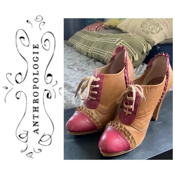 Anthropologie Miss Albright cognac ruffled leather heels