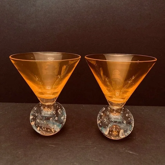 Martini Glasses Bubble‎ Bottom Orange Top Handblown Unmarked