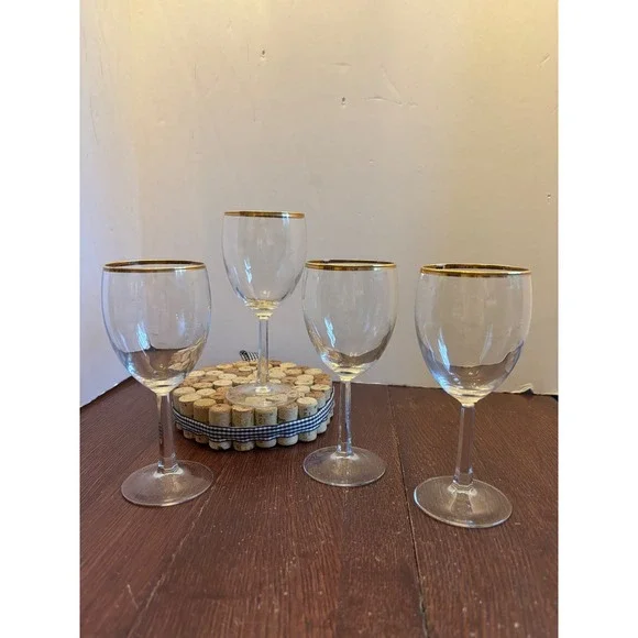 Vintage Gold Rim Wine Glasses Set of 4 Clear Glass Stemmed Goblets 7 Inch