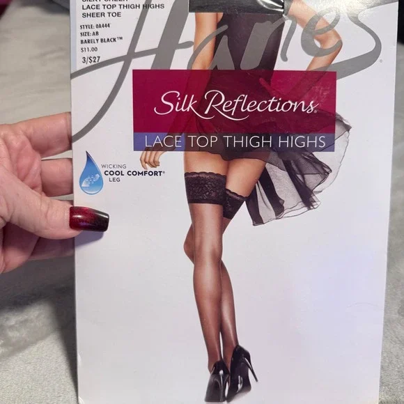 Hanes Silk Reflections Lace Top Thigh Highs AB Barely Black Cool Comfort New