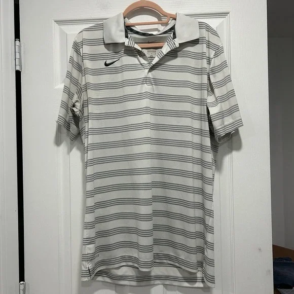 Nike Dri-Fit Men's Large Golf Shirt Polo White With Black Stripes‎