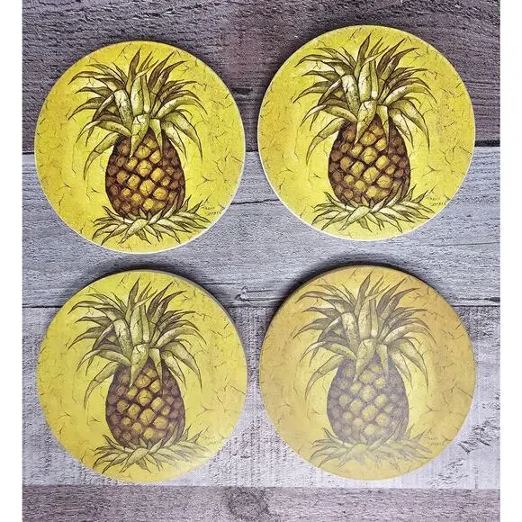 Set 4 PINEAPPLE Round Coasters Absorbent Stone Vintage Gift Housewarming