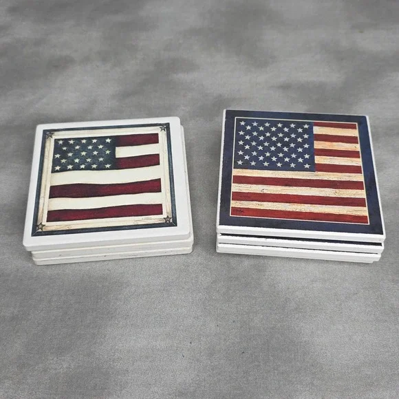 (X7)‎ Stoneware Coaster Set American Flag Patriotic Americana 2 Designs