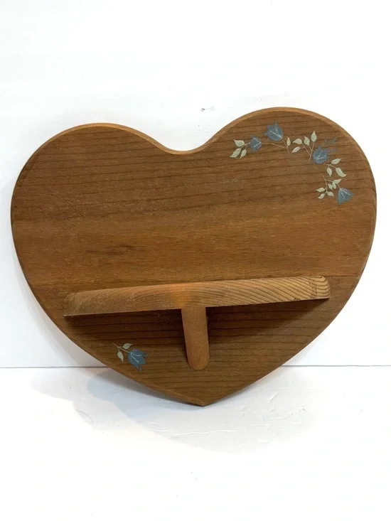 VTG Country Wooden Heart Wall Shelf With Blue Flower Accents Cottagecore