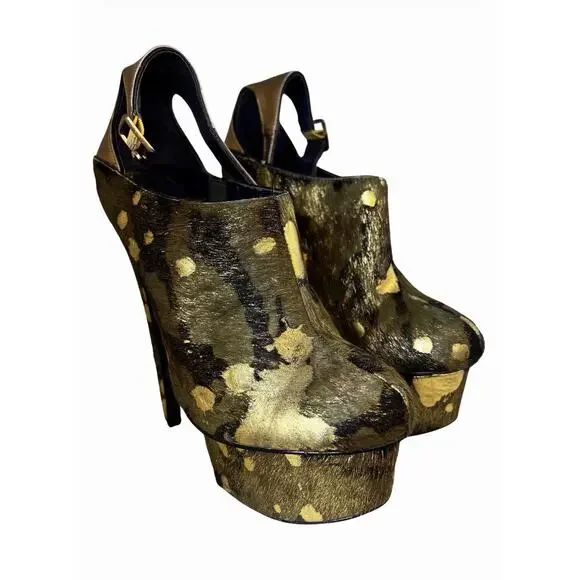 London Trash Lt.-Wynne Camo Real Fur Platform Heels Gold Ankle Strap Size 9