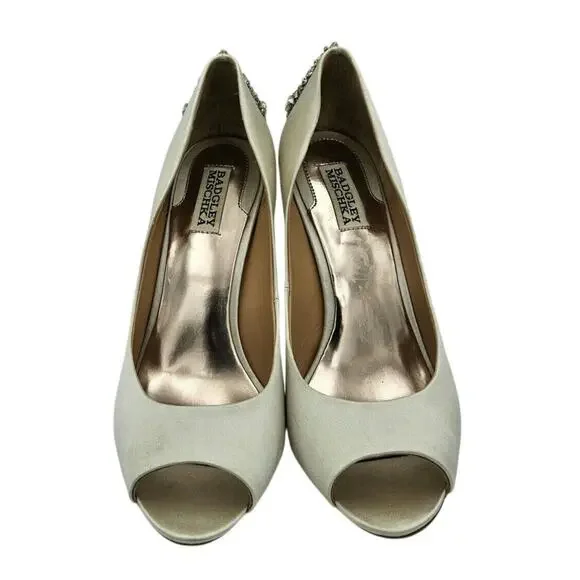 Badgley Mischka Kiara‎ Satin Crystal Open Toe Heels US 9 Bridal Wedding