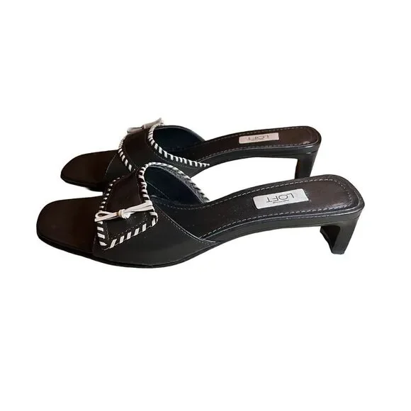 LOFT Dark Brown Heeled Mules Slides Cream Stitching Leather size 7 Classy