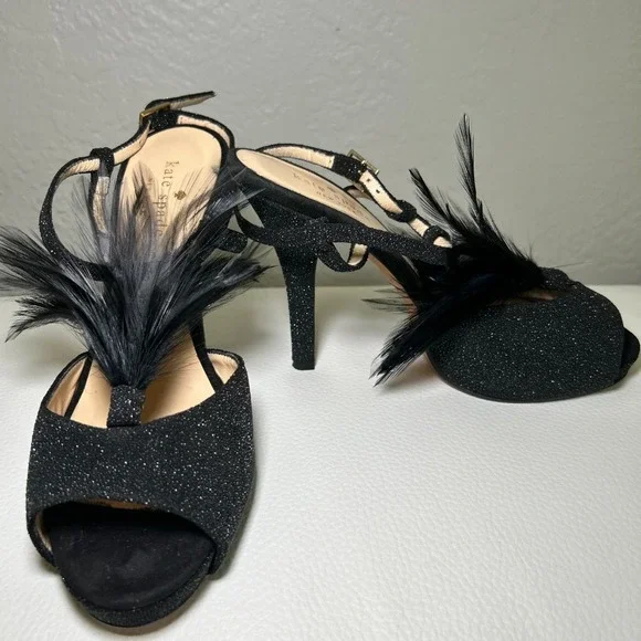 Kate‎ Spade Glitter Feather Black Open Toe Slingback Pumps Heels Size 7