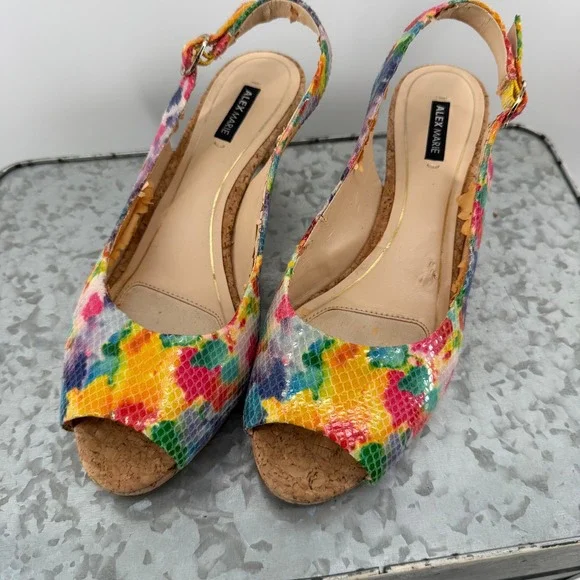 Alex‎ Marie Womens Multi Color Snakeskin Peep Toe Slingback Kitten Heels Size 8M