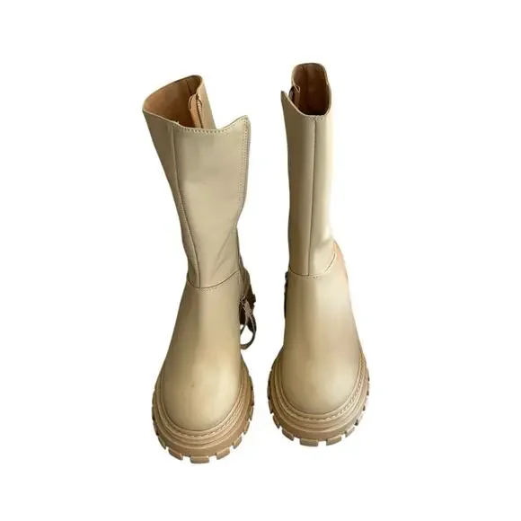 Schutz Womens Beige Leather Lug Sole Mid Calf Combat Boots‎ Size 6