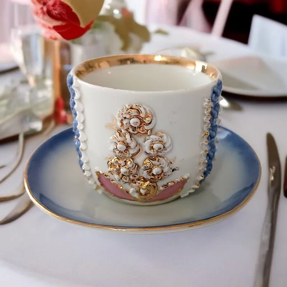 Galluba & Hofmann Demitasse Tea Cup Saucer Embellished Porcelain Germany Antique