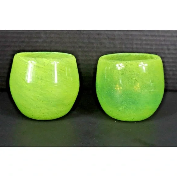 Lime Green Hand Blown Glass Tumblers W Controlled Bubbles - EUC Crate & Barrel C