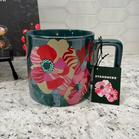 Starbucks 2024 Dark Blue Flora Hearts Ceramic Mug. Iridescent sheen. NWT!